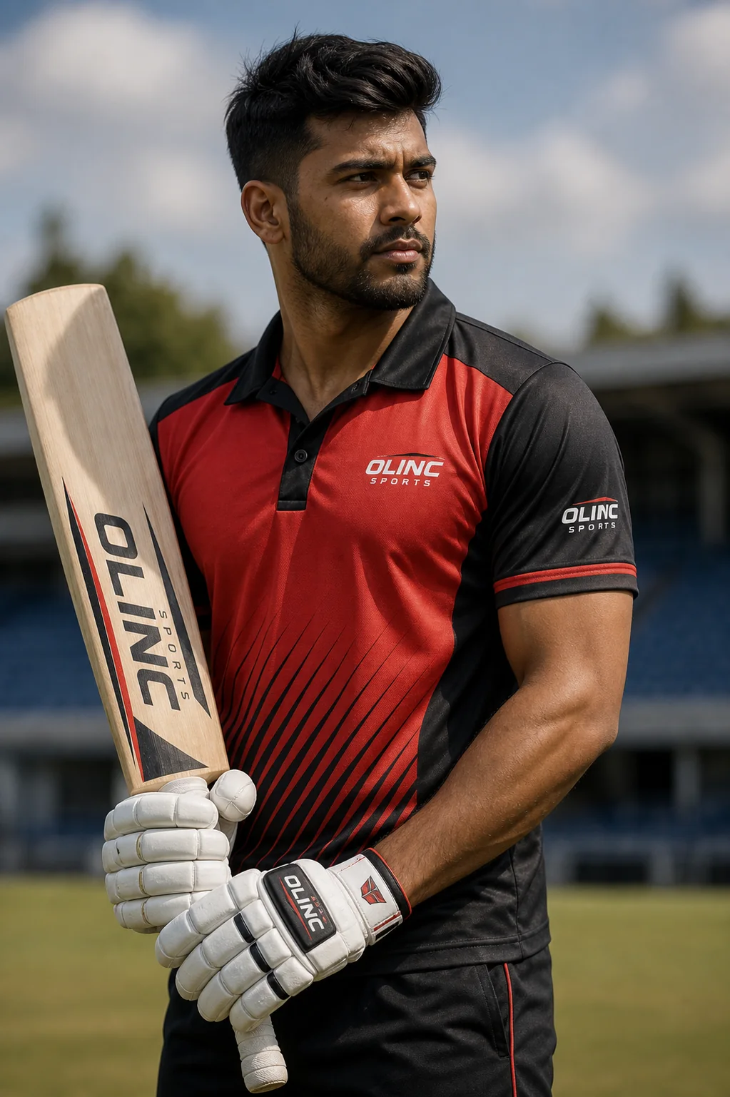 Cricketer holding a bat in a red and black custom Olinc Sports polo shirt