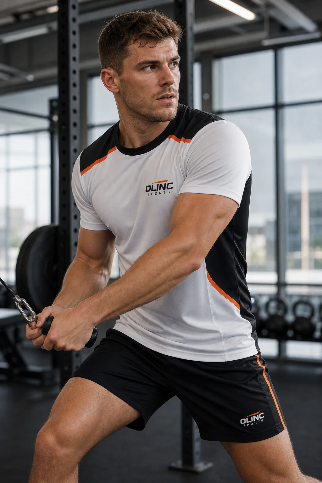 Athlete training in a grey, black and orange custom Olinc Sports activewear set
