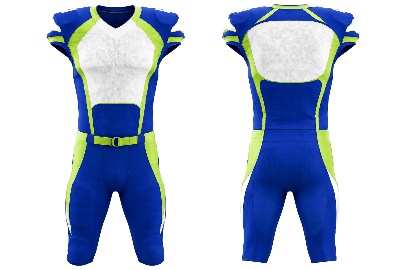 Royal Blue Clean Split Body Color Architecture American Football Padded Game Uniform combined front and back custom uniform design