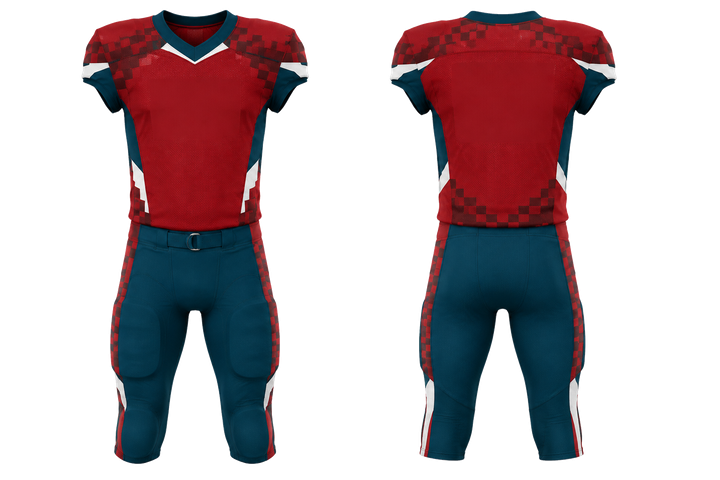 Front and back view of club red stepped chequer field with original spacing american football practice uniform