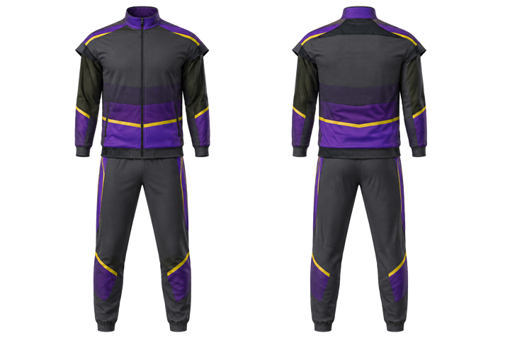 Front and back view of charcoal layered horizon bands american football sideline warm up set