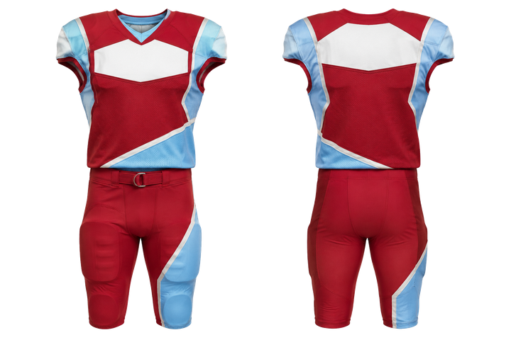 Front and back view of brick red split sash geometry american football youth football uniform