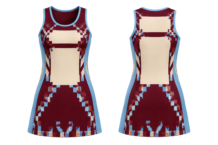 Front and back view of deep maroon stepped chequer field with original spacing netball match dress