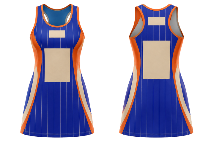 Front and back view of cobalt wide modern pinstripe field netball match dress