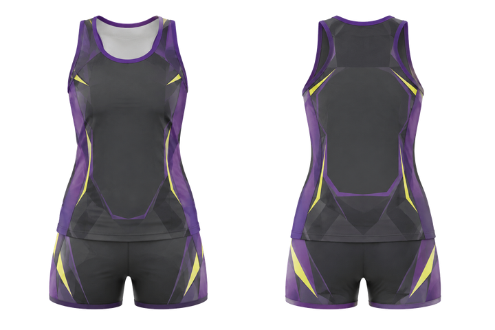 Front and back view of charcoal faceted shield geometry netball training set