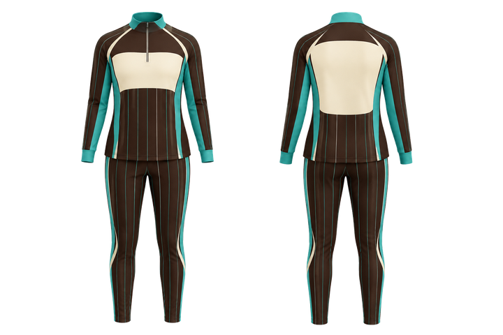Front and back view of dark chocolate wide modern pinstripe field netball warm up set