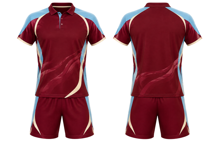 Front and back view of deep maroon low contrast ripple map racket sports racket match kit
