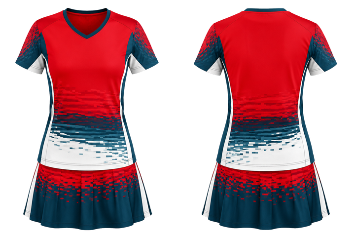 Front and back view of club red pixel to panel fade built from flat bands racket sports women's or youth racket kit